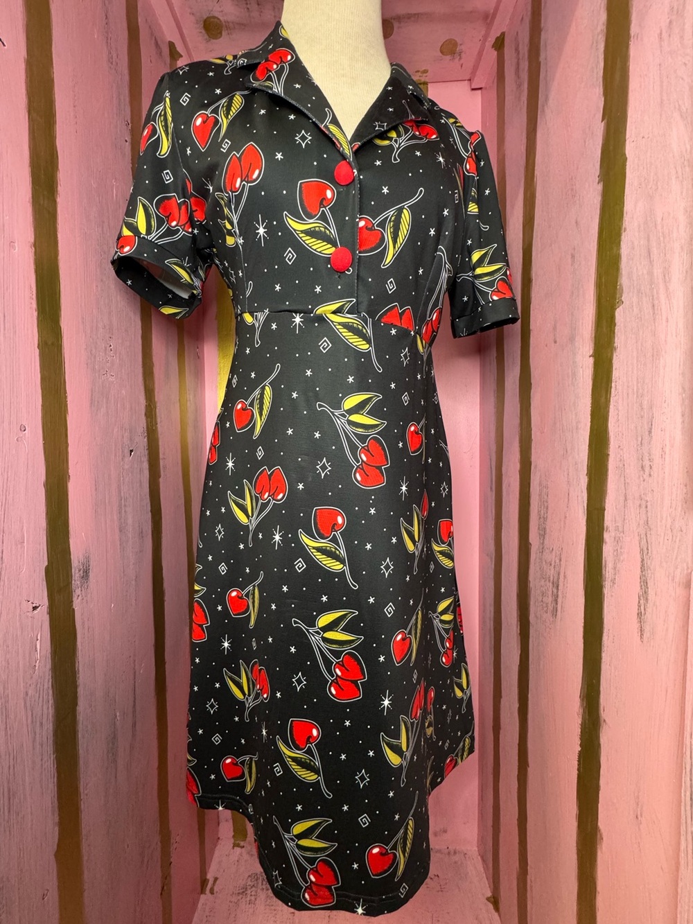 NWOT Sourpuss Retro Black Cherry Print Fit-and-Flare Dress